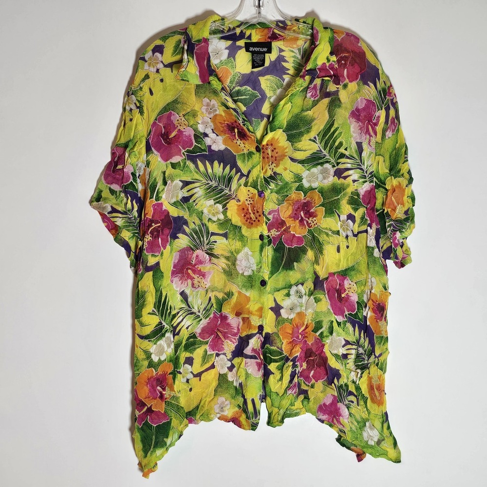 Avenue Top‎ Womens 26/28 Multicolor Floral Tropical Beaded Sheer Button Vintage